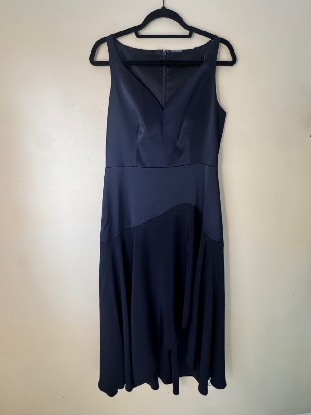Elie Tahari Navy Satin A-Line Midi Dress V-Neck Sleeveless Zip Size 10
